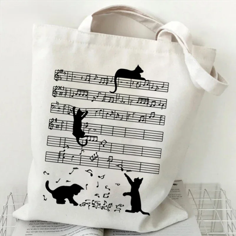 Canvas Tote Designer - Musical Symbols Cat Tote Bag Kawaii